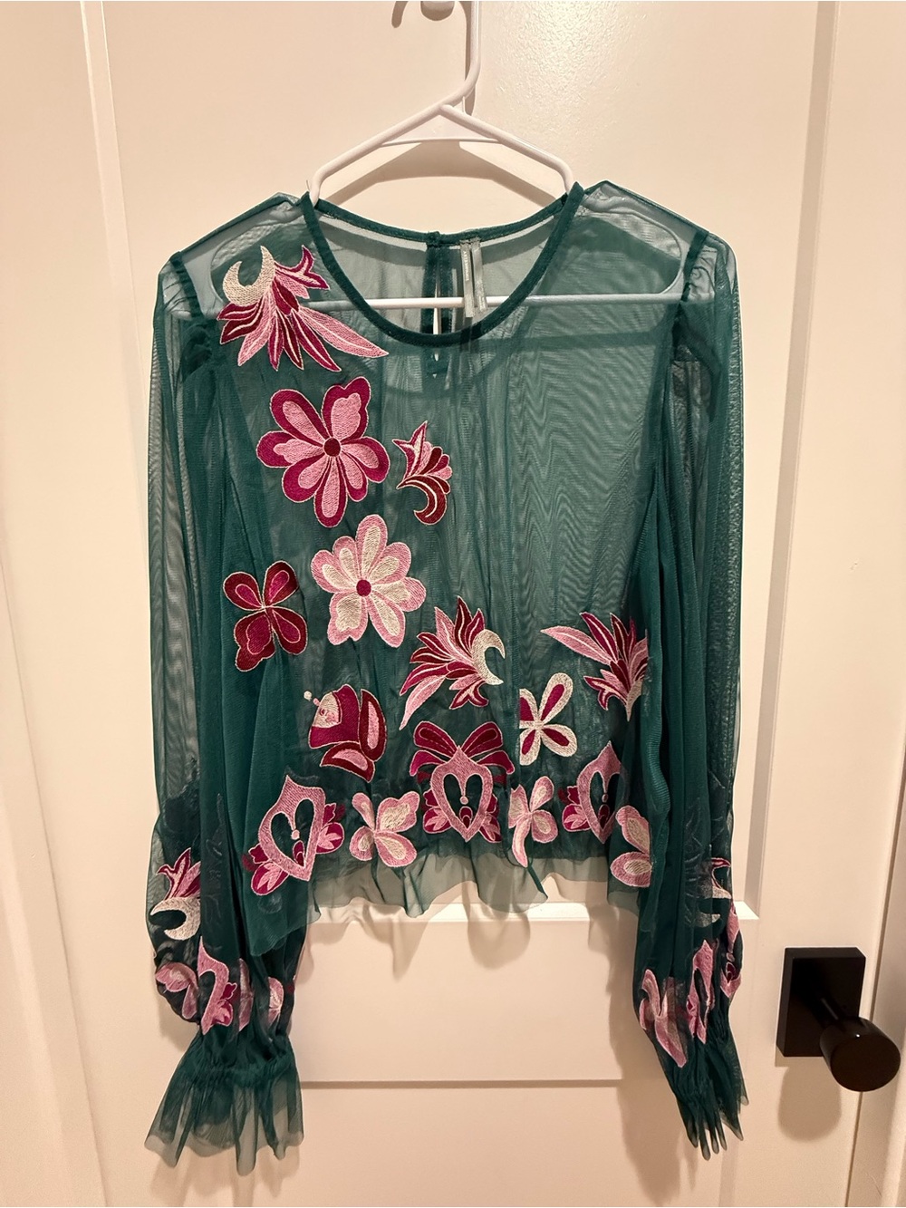 Embroidered Sheer Green Floral Blouse by Anthropologie